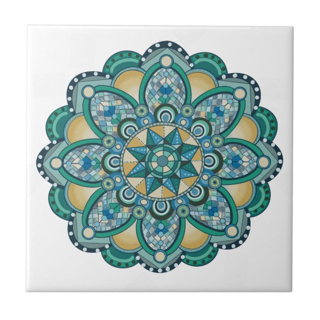 Carreau Mandala en bleu, vert et or (Devant)