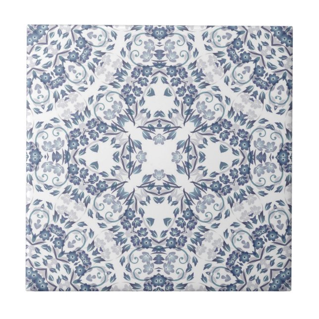 Carreau Mandala Floral Blanc Bleu Grisâtre (Devant)