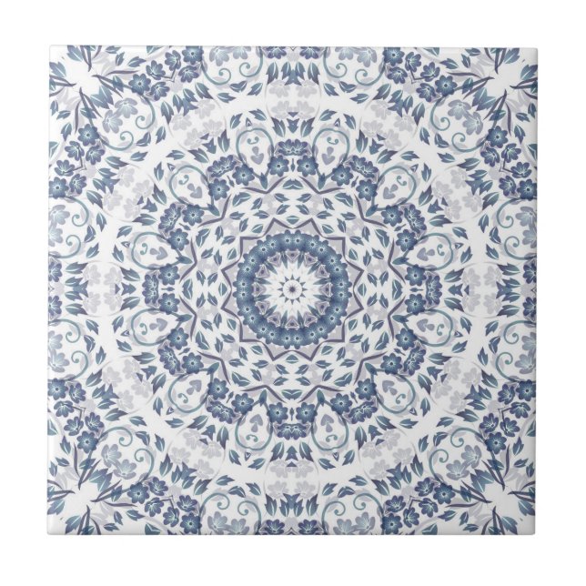 Carreau Mandala floral bleu poussiéreux (Devant)