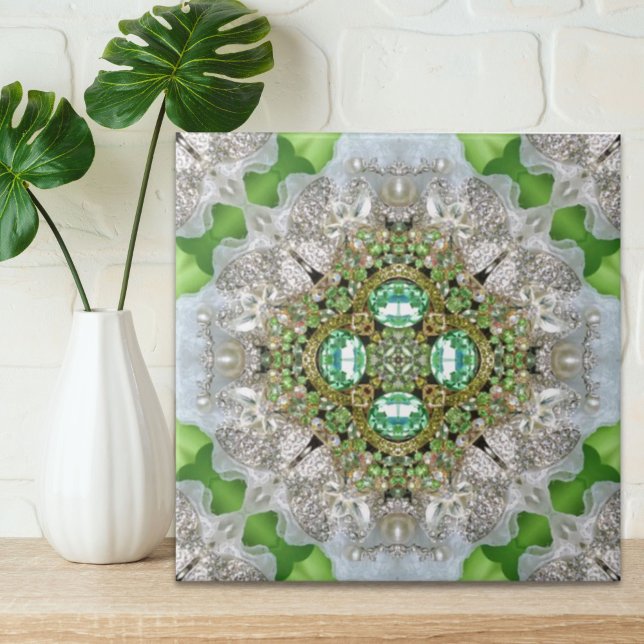 Carreau Mandala floral bling la fausse pierre de vert vert (Chic Bohemian Vintage Fashion teal emerald green Tile)