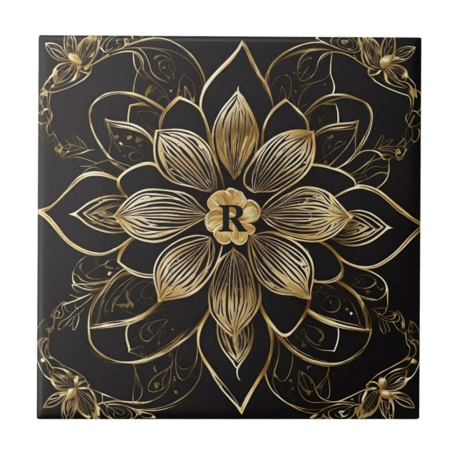 Carreau Mandala floral doré Monogramme initial noir élégan (Devant)