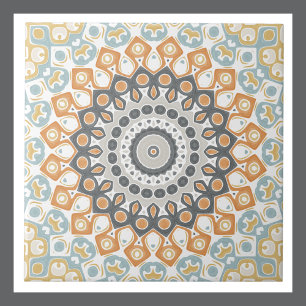 Carreau Mandala géométrique en orange, gris et bleu