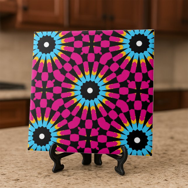 Carreau Mandala géométrique rétro rose bleu noir gras (Créateur téléchargé)