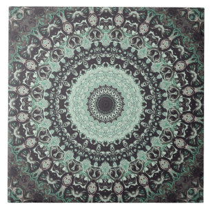 Carreau Mandala Kaleidoscope noir et aquamarine