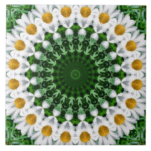 Carreau Mandala marguerite blanche avec symétrie verte fra