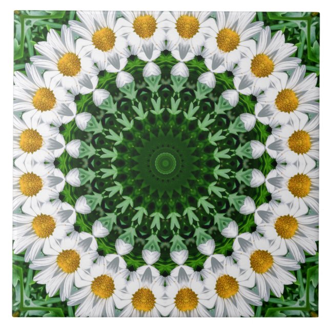 Carreau Mandala marguerite blanche avec symétrie verte fra (Devant)