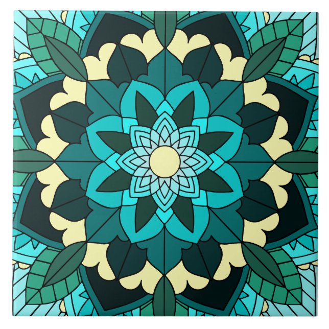 Carreau Mandala Motif 02 en aqua (Devant)