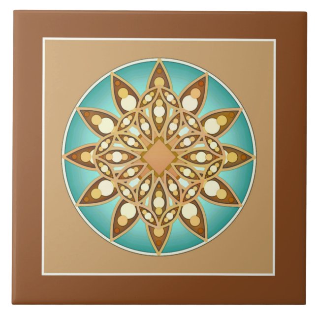 Carreau Mandala motif au bronzage, crème et turquoise (Devant)