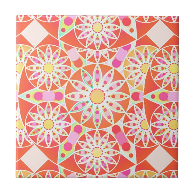 Carreau Mandala motif, corail rouge, rose, or (Devant)