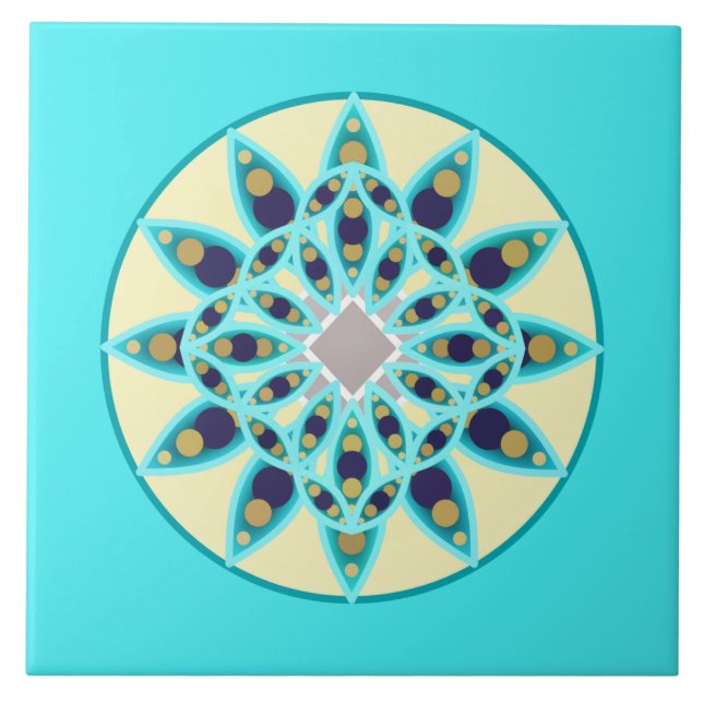 Carreau Mandala motif en bleu turquoise, crème et marine (Devant)