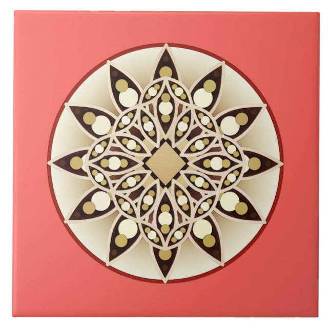 Carreau Mandala motif en corail orange, chocolat et bronza (Devant)