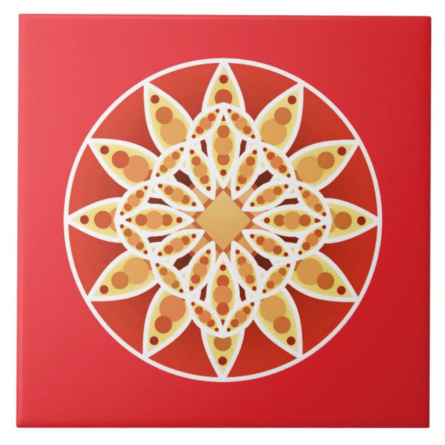 Carreau Mandala motif en rouge corail, tan et blanc (Devant)