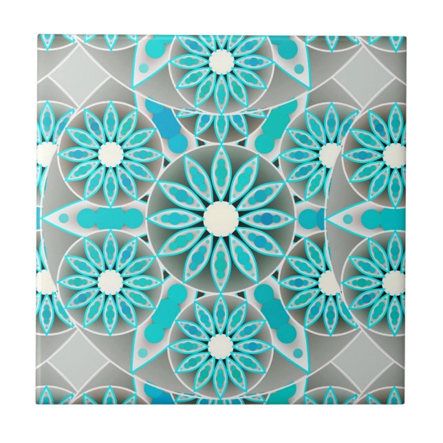 Carreau Mandala motif, turquoise, gris argenté et blanc (Devant)