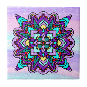 Carreau Mandala mystique coloré en violet et bleu