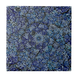 Carreau Mandala Nature Floral Bold Géométrie Florale Bleue