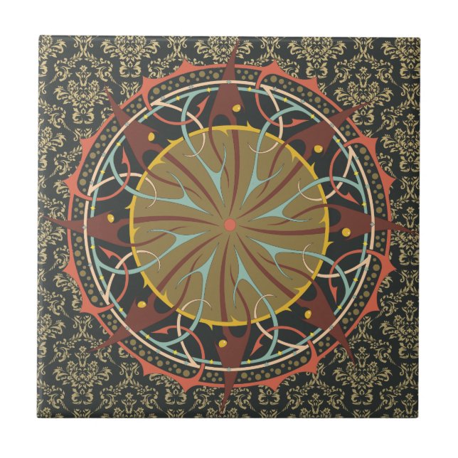 Carreau Mandala sur damask Boho Bohemian retro (Devant)