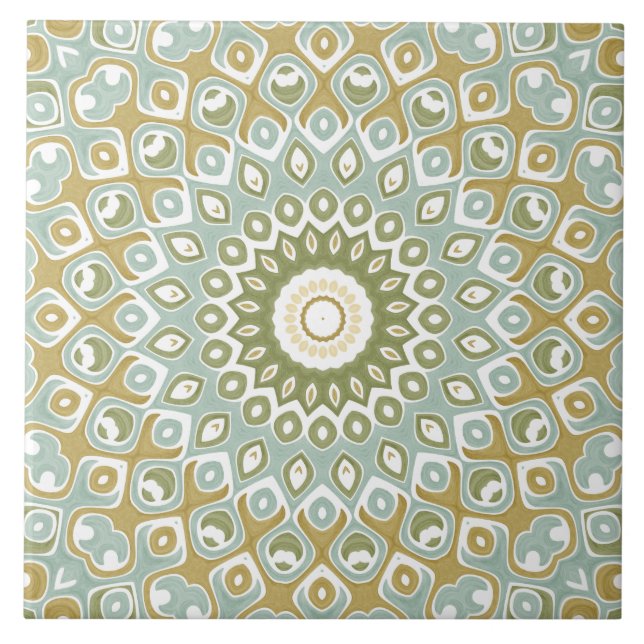 Carreau Mandala Terrien en Vert, Or et Bleu Clair (Devant)