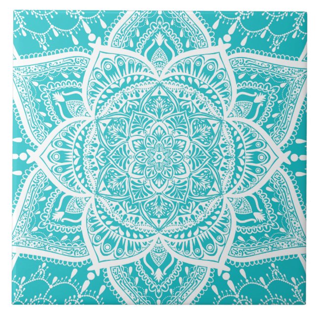 Carreau Mandala Turquoise et blanc - Loergann en turquoise (Devant)