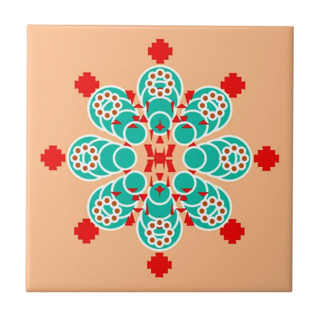 Carreau Mandala, Turquoise et Peach en huit points (Devant)