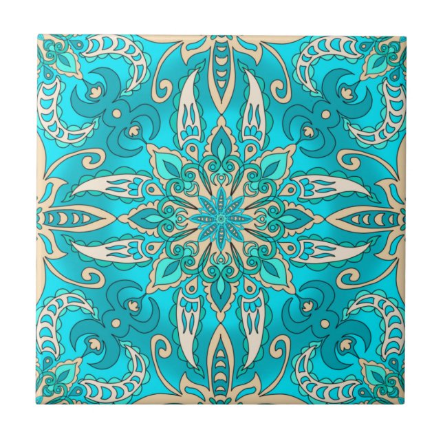 Carreau Mandala Turquoise Fractal (Devant)