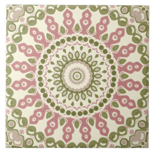 Carreau Mandala vert et rose motif bohème vintage