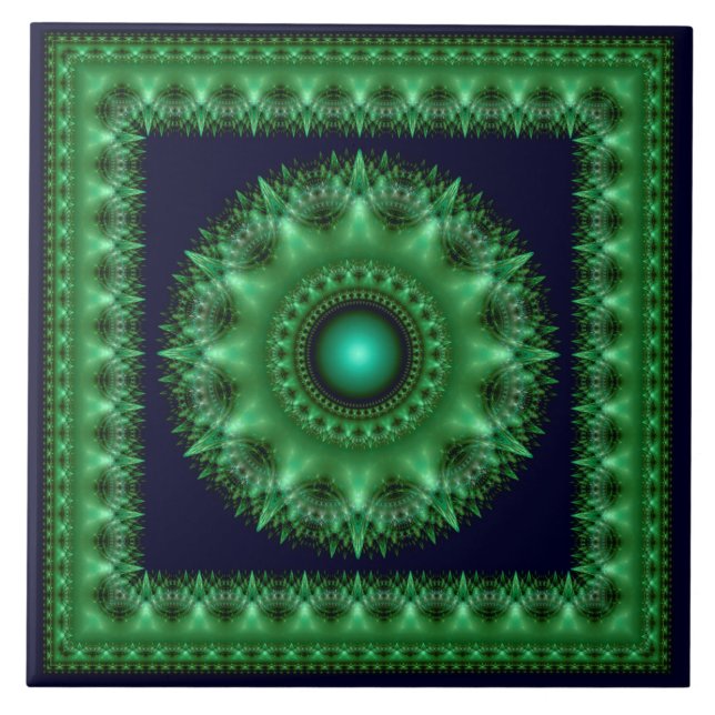 Carreau Mandala vert fractal brillant encadré (Devant)