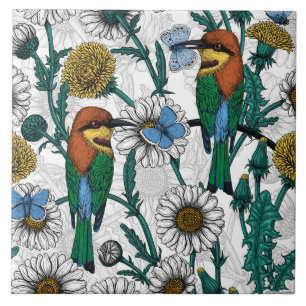 Carreau Mangeurs d'abeilles, papillons bleus et marguerite