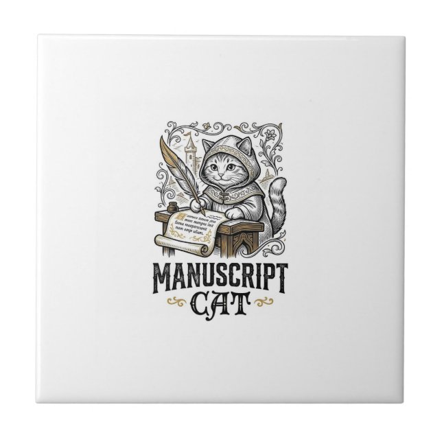 Carreau Manuscrit Chat Chat Manuscrit Médiéval Vintage Vec (Devant)