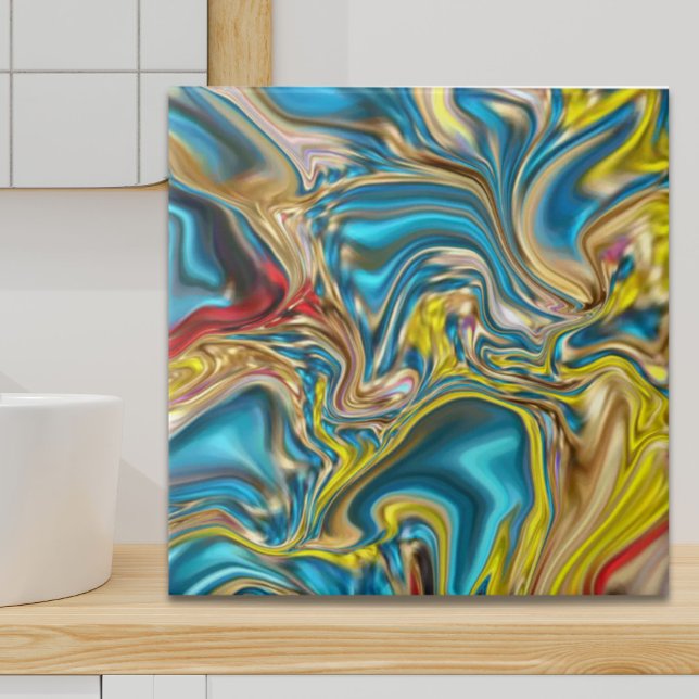 Carreau marbre abstrait tourbillons jaune turquoise bleu t (abstract marble swirls yellow teal turquoise blue ceramic tile)