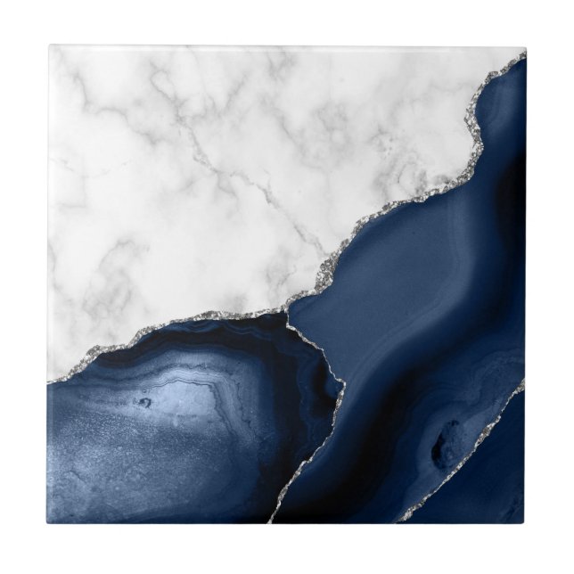 Carreau Marbre Blanc Agate Bleu Marine Paillettes Argentée (Devant)