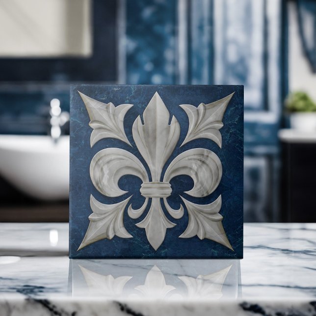 Carreau Marbre blanc et bleu Fleur-De-Lis (Créateur téléchargé)