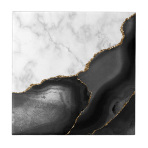 Carreau Marbre Blanc Pailleté d'Or Agate Noire