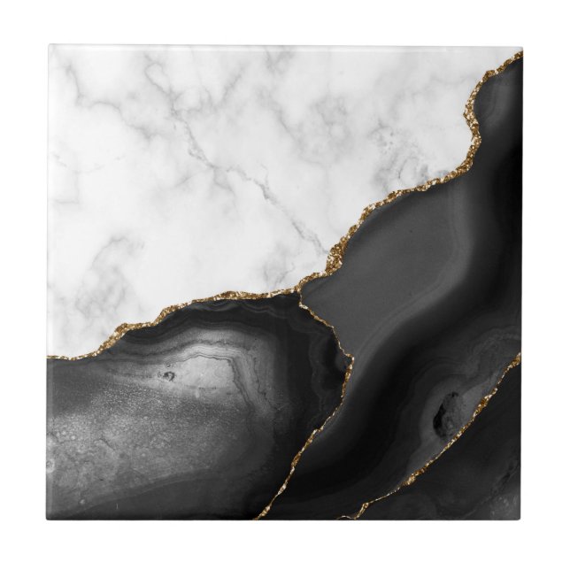 Carreau Marbre Blanc Pailleté d'Or Agate Noire (Devant)