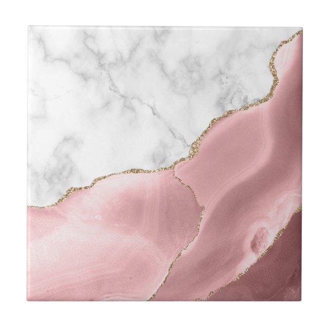 Carreau Marbre Blanc Pailleté d'Or Agate Rose (Devant)
