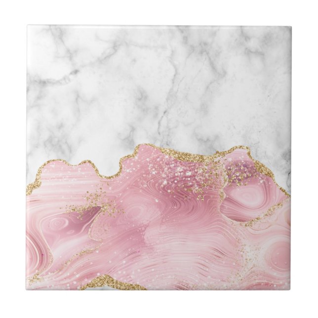 Carreau Marbre blanc Pastel Rose Agate Paillettes d'Or  (Devant)