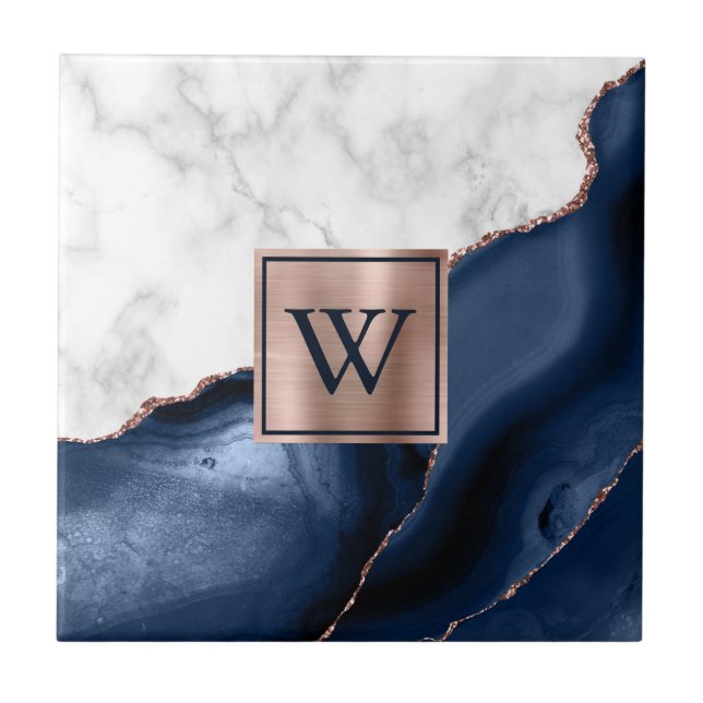 Carreau Marbre blanc Rose Gold Marine Blue Agate Monogramm (Devant)