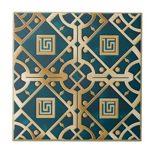 Carreau Marbre de Luxe Art Déco Clé Grecque Vert Mer Or