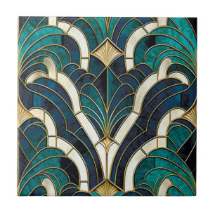 Carreau Marbre de luxe Mosaïque Art Déco Bleu Or & Turquoi