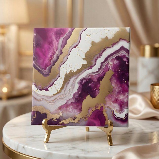 Carreau Marbre géode d'agate violet blanc et or abstrait (Créateur téléchargé)