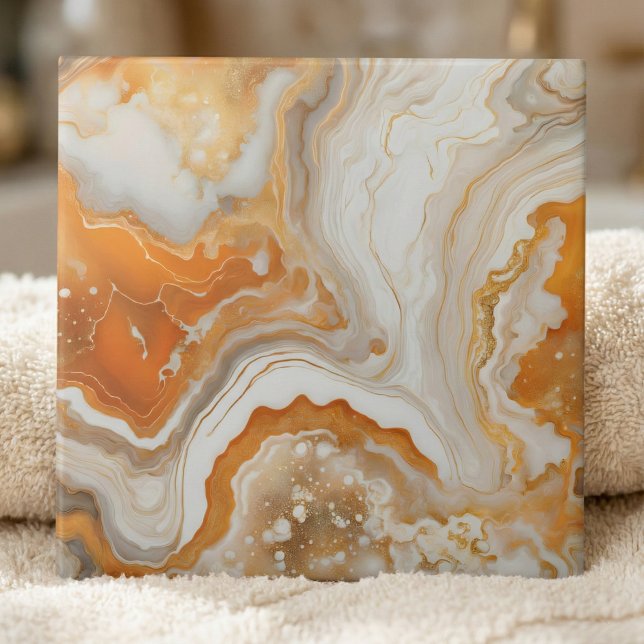 Carreau Marbre Liquide Agate Orange Brûlé et Or Moderne (Créateur téléchargé)