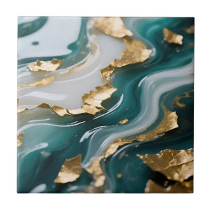 Carreau Marbre Liquide Sarcelle et Feuille d'Or Luxueuse