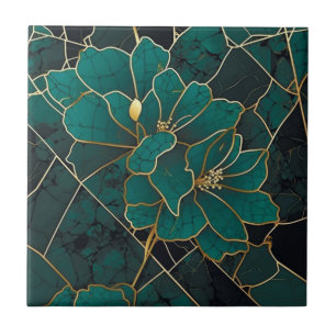 Carreau Marbre Mosaïque Art Déco Floral Émeraude Vert & Or