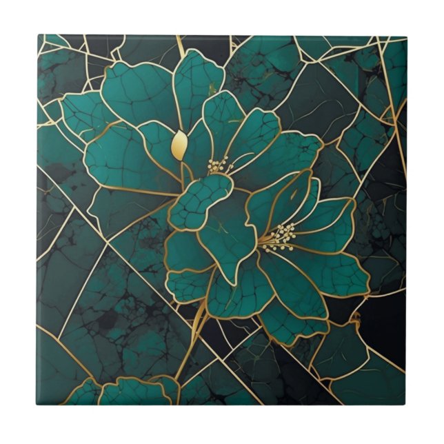 Carreau Marbre Mosaïque Art Déco Floral Émeraude Vert & Or (Devant)