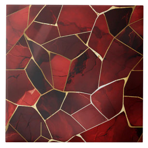 Carreau Marbre Mosaïque Rouge Profond avec Contours Dorés