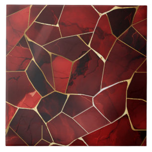 Carreau Marbre Mosaïque Rouge Profond avec Contours Dorés