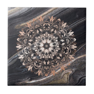 Carreau Marbre noir rose en or Marbre Floral Mandala 