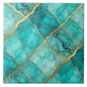 Carreau Marbre Turquoise Bleu Canard et Or