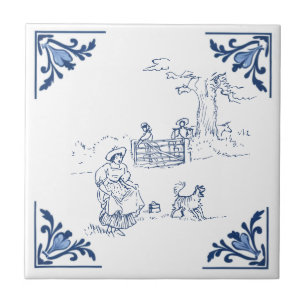 Carreau Marche vintage avec Chien Delft Bleu et Blanc
