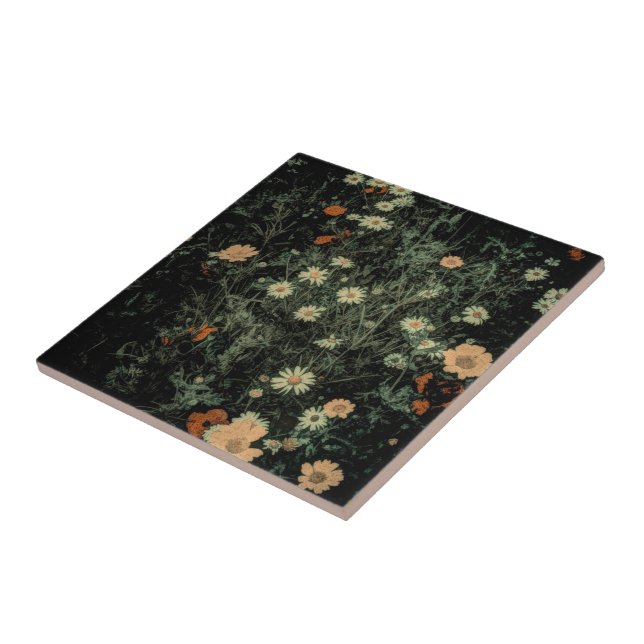 Carreau marguerite blanche bohème fleur sauvage noir flora (Côté)