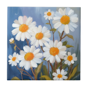Carreau Marguerites blanches fleurs aquarelle peintes
